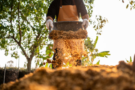 Farmer working on field with rice husk on the floor for sun dried For mixed Organic fertilizer agriculture sustainabilityの写真素材