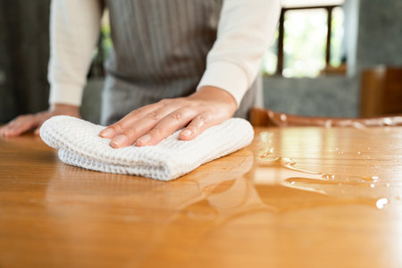 Housewife with apron ready to clean home. Young woman is happy to clean home. Maid cleaning service. Spraying antibacterial sanitizing spray wipe with towelの写真素材
