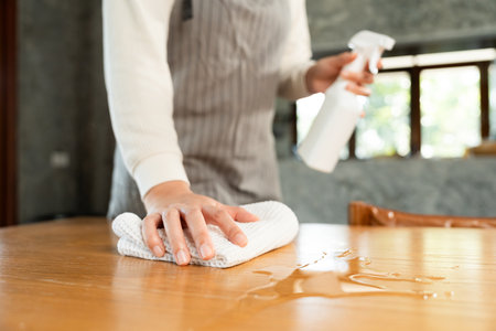 Housewife with apron ready to clean home. Young woman is happy to clean home. Maid cleaning service....