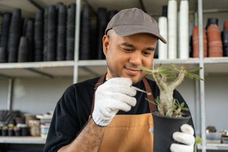 Cactus care harvesting. Farmer Cactus man working in the greenhouse backyard. Happy gardener man in gloves and apron in greenhouse checking of defect. Planting in pot with dirt or soil.の写真素材