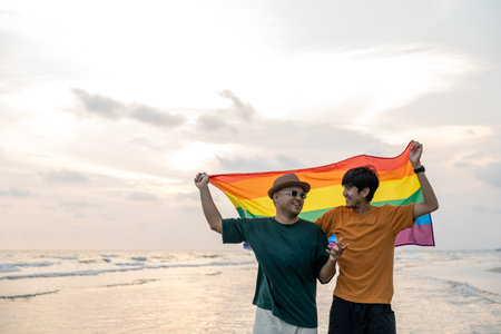 Young couple asian gay with pride movement LGBT holding rainbow flag raise up for freedom. Demonstrate rights LGBTQ celebration pride Month Gay Pride Symbol. Walking on the sand sea beach with sunsetの写真素材