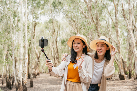 Happy asian friends traveling in the forest. Happy weekend on vacation time. Attractive Lesbian couple female traveler walking in nature spend time enjoy with holidayの写真素材