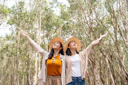Happy asian friends traveling in the forest. Happy weekend on vacation time. Attractive Lesbian couple female traveler walking in nature spend time enjoy with holidayの写真素材