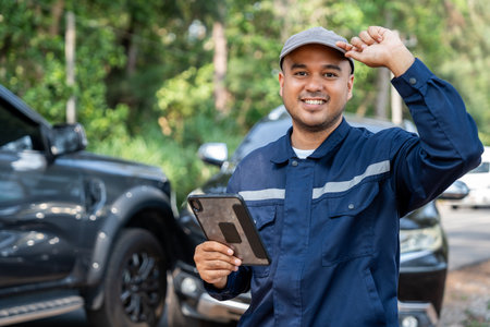 Young asian employee claim insurance service car crash site case. Drivers arguing after traffic collision accident Parked on side way Call Emergency assistance or insurance claim service. Car Crashの写真素材