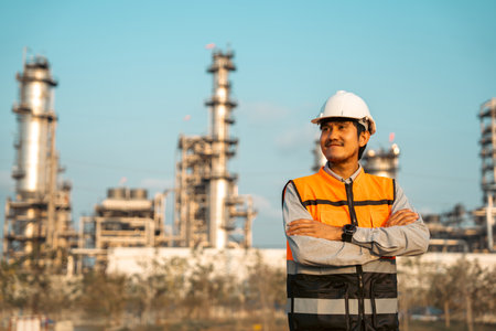 Asian engineer man with safety helmet standing front of oil refinery. Industry zone gas...