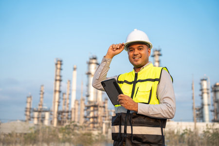 Asian engineer man with safety helmet standing front of oil refinery. Industry zone gas petrochemical. Factory oil storage tank and pipeline. Workers work in the refinery construction buildingの写真素材