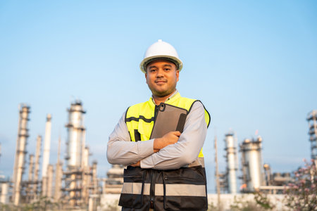 Asian engineer man with safety helmet standing front of oil refinery. Industry zone gas petrochemical. Factory oil storage tank and pipeline. Workers work in the refinery construction buildingの写真素材