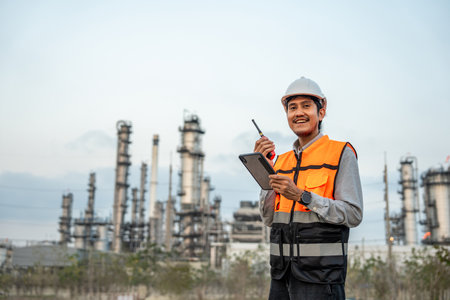 Asian engineer man with safety helmet standing front of oil refinery. Industry zone gas...