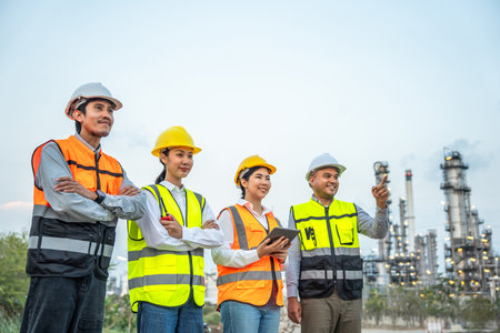 Group of Asian engineer people with safety helmet standing front of oil refinery. Industry zone gas petrochemical. Factory oil storage tank and pipeline. Workers team work in refinery constructionの写真素材