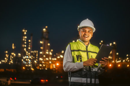 Asian engineer man with safety helmet standing front of oil refinery. Industry zone gas petrochemical. Factory oil storage tank and pipeline. Workers work in the refinery construction buildingの写真素材