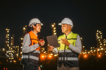 Two Asian engineer man with safety helmet standing front of oil refinery. Industry zone gas petrochemical. Factory oil storage tank and pipeline. Workers work in the refinery construction buildingの写真素材