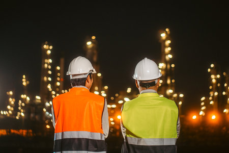 Two Asian engineer man with safety helmet standing front of oil refinery. Industry zone gas petrochemical. Factory oil storage tank and pipeline. Workers work in the refinery construction buildingの写真素材