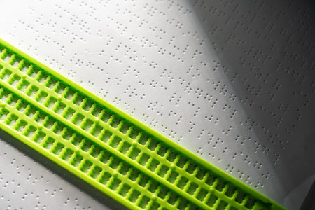 Close up some braille text on page paper written by blind. Blind man using slate and stylus tools making embossed printing the braille alphabet Code on sheet.の写真素材