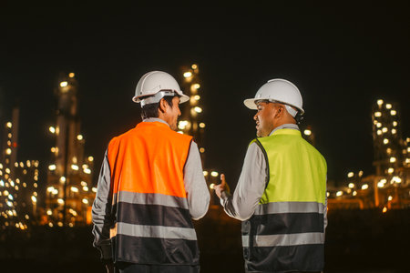 Two Asian engineer man with safety helmet standing front of oil refinery. Industry zone gas petrochemical. Factory oil storage tank and pipeline. Workers work in the refinery construction buildingの写真素材