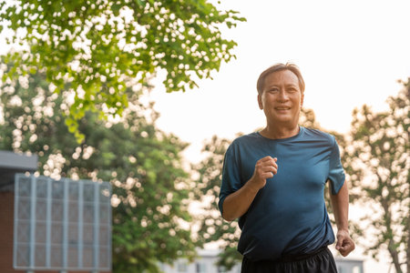 Senior old man runner exercise outdoor nature park. fitness man jogging wearing sportswear. Mature athlete man in sportswear Workout running at public park. Health and activity old man lifestyleの写真素材