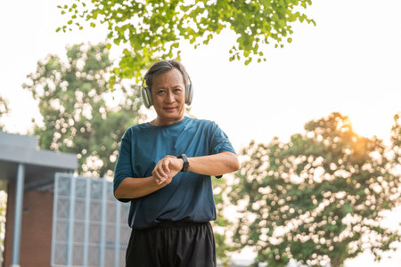 Mature man wearing sportswear using Smart Watch Showing Heart Rate Monitor. Old man with Technology for health and sport mode. Exercise and take statistics to develop your potentialの写真素材