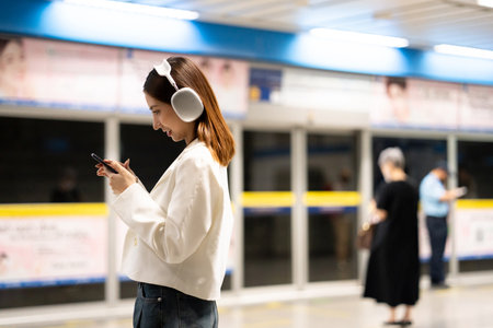 Young asian woman using smartphone application navigate location destination while travel by subway....