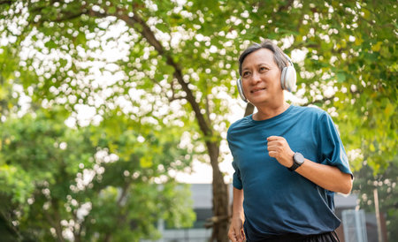 Senior old man runner exercise outdoor nature park. fitness man jogging wearing sportswear. Mature athlete man in sportswear Workout running at public park. Health and activity old man lifestyleの写真素材