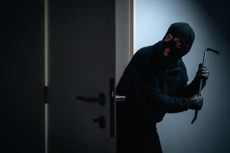 Thief in uniform black jacket various action housebreak. The Robber terrorism criminal escapes with balaclava and crowbar entering a house for stealing Housebreak at nightの写真素材