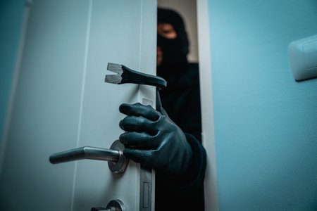 Thief in uniform black jacket various action housebreak. The Robber terrorism criminal escapes with...