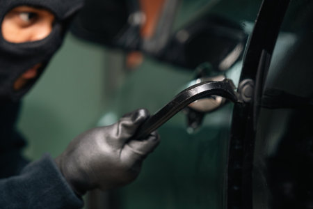 Thief in uniform black jacket various action stolen cars. The Robber terrorism criminal car with...