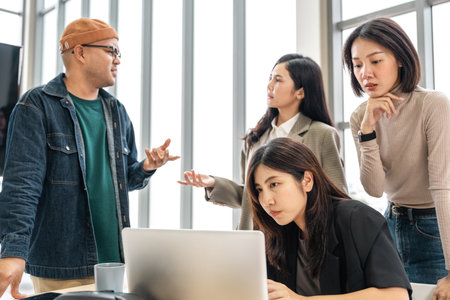 Asian business start up freelance people team analyzing statistics financial. Group Team of...