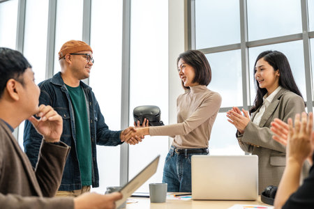 Asian business start up freelance people team analyzing statistics financial. Group Team of businesspeople man and woman Meeting Conference Discussion various topic Corporate Concept in office.の写真素材