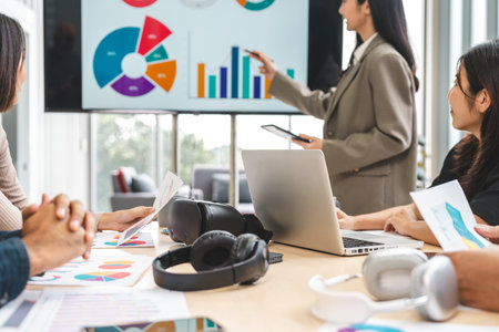 Asian business start up freelance people team analyzing statistics financial. Group Team of businesspeople man and woman Meeting Conference Discussion various topic Corporate Concept in office.の写真素材