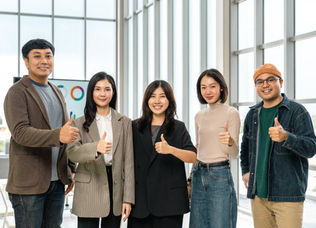 Asian business start up freelance people team analyzing statistics financial. Group Team of businesspeople man and woman Meeting Conference Discussion various topic Corporate Concept in office.の写真素材