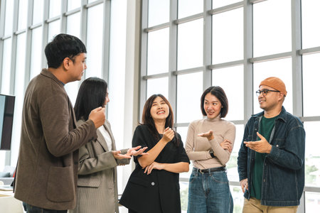 Asian business start up freelance people team analyzing statistics financial. Group Team of businesspeople man and woman Meeting Conference Discussion various topic Corporate Concept in office.の写真素材
