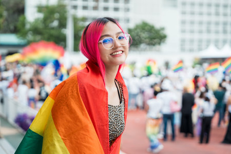 Celebrate in pride month festival. Pride movement transgender asian lesbian LGBT holding rainbow flag for freedom. Gatherings of friends in parade communities celebrating LGBTQ+ causes.の写真素材