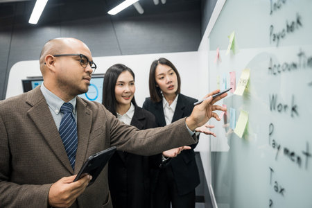 Asian business people team analyzing statistics financial. Group Team of ceo business man and woman Meeting Conference Discussion various topic. Executive professional managers Corporate in office.の写真素材