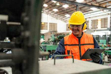 Confident engineer man with safety helmet standing analyzing with tablet in factory warehouse. Asian technician factory inspection and control machinery in industry factory.の写真素材