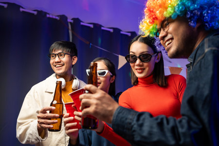 New Year's Party. Group of asian friend party in the house with disco light having fun and dancing together. Enjoy Singing karaoke listening music drinking beer celebration in new year happy hour.の写真素材