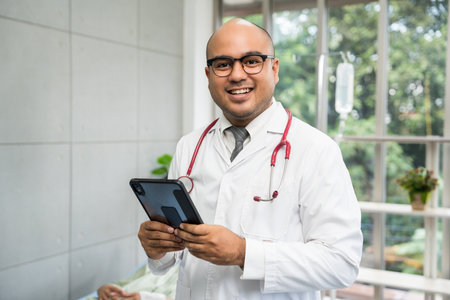 Asian doctor standing posing work from hospital. Positive male physician with stethoscope in hospital background. Healthcare and medical concept.の写真素材