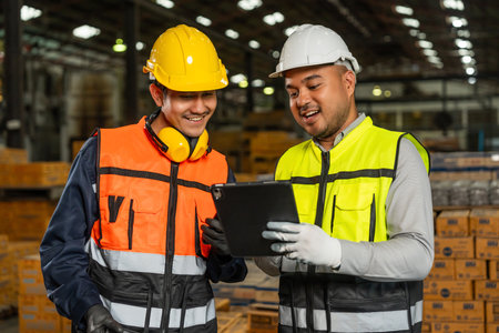 Professional engineer and technician wearing safety helmet analyzing meeting with tablet in factory warehouse. Confident factory workers group inspection industry factory. Teamwork concept.の写真素材