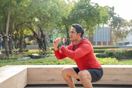 Senior old asian man wearing sportswear warming up before running outdoor. Portraits of Mature man stretching body before running at public park. Training athlete work out at outdoor natureの写真素材