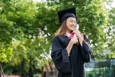 Happy asian woman in graduation costume with cap standing outdoor public park. College degree successful education graduation in university.の写真素材
