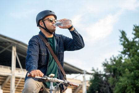 Asian young traveler man riding bike and drinking water. sustainable save energy lifestyle. Commute and carbon neutral transportation. Asian tourist man put on helmet cycling bike to ride urban cityの写真素材