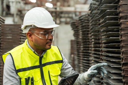 Confident engineer man with safety helmet standing analyzing with tablet in factory warehouse. Asian...