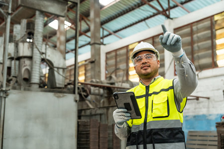 Confident engineer man with safety helmet standing analyzing with tablet in factory warehouse. Asian...