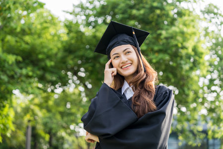 Happy asian woman in graduation costume with cap standing outdoor public park. College degree successful education graduation in university.の写真素材