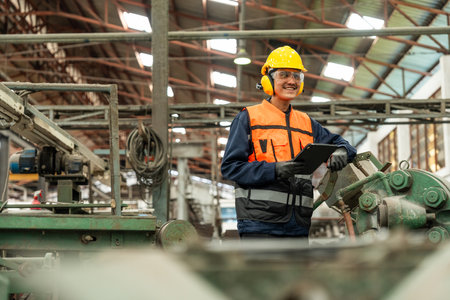 Confident engineer man with safety helmet standing analyzing with tablet in factory warehouse. Asian technician factory inspection and control machinery in industry factory.の写真素材