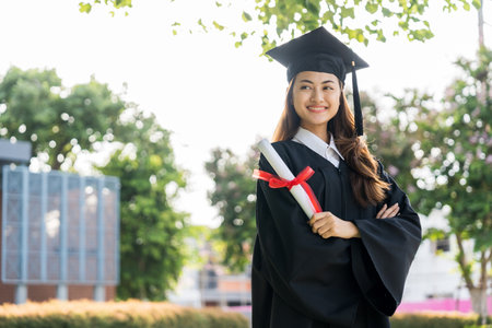 Happy asian woman in graduation costume with cap standing outdoor public park. College degree successful education graduation in university.の写真素材
