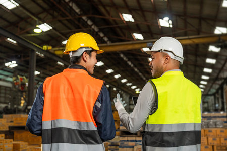 Professional engineer and technician wearing safety helmet analyzing meeting with tablet in factory...