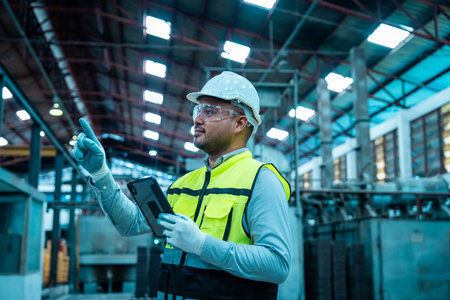 Confident engineer man with safety helmet standing analyzing with tablet in factory warehouse. Asian technician factory inspection and control machinery in industry factory.の写真素材