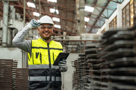 Confident engineer man with safety helmet standing analyzing with tablet in factory warehouse. Asian technician factory inspection and control machinery in industry factory.の写真素材