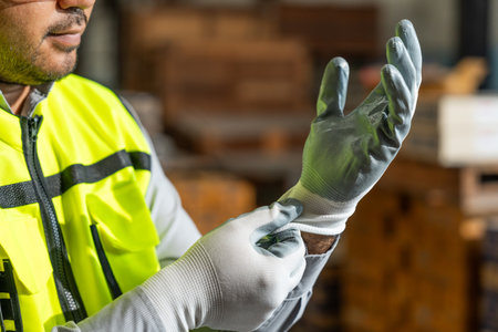 Close up technician engineer wearing and adjust protective safety glove. Safety equipment for industry factory. Safety at work concept.の写真素材