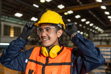 Close up technician engineer wearing and adjust protective safety helmet or hard hat. Safety equipment for industry factory. Safety at work concept.の写真素材