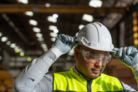 Close up technician engineer wearing and adjust protective safety helmet or hard hat. Safety...